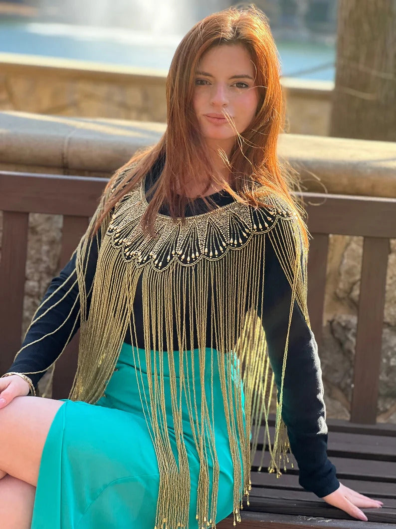 Women sequined Poncho (Heavy quality) Style C-Gold