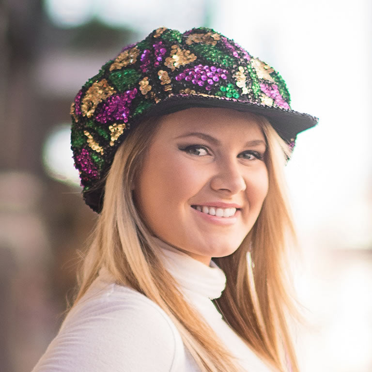 Sequined Mardi Gras Gatsby Hat - Shell Pattern in Purple, Green, and Gold