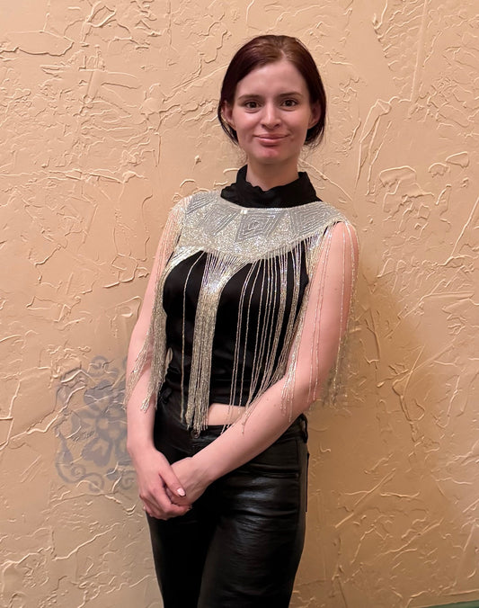 Silver glass beaded rectangular pattern neck collar
