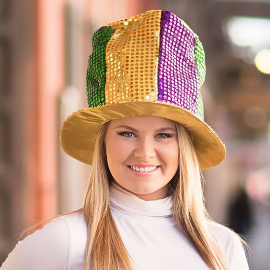 Faux Sequined Mardi Gras Top Hat in Purple, Green, and Gold - 9" Tall