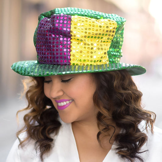Faux Sequined Mardi Gras Top Hat in Purple, Green, and Gold - 5" Tall