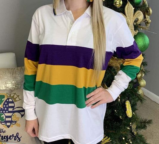 Adult Mardi Gras Polo Shirt (White, LS) # 287
