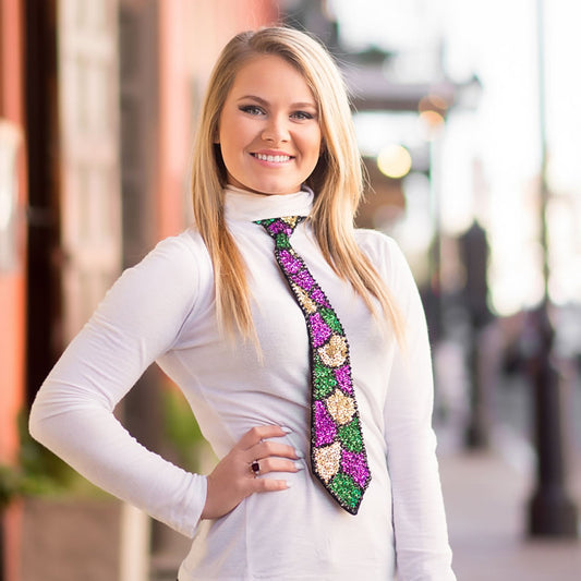 Sequined Mardi Gras Neck Tie - Shell Pattern in Purple, Green, and Gold