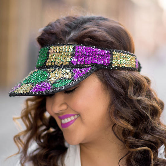 Sequined Mardi Gras Visor - Shell Pattern in Purple, Green, and Gold