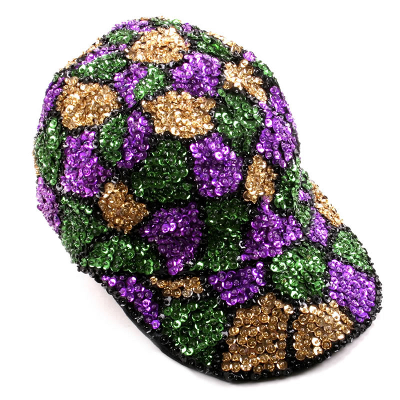 Sequined Mardi Gras Baseball Cap - Shell Pattern in Purple, Green, and Gold