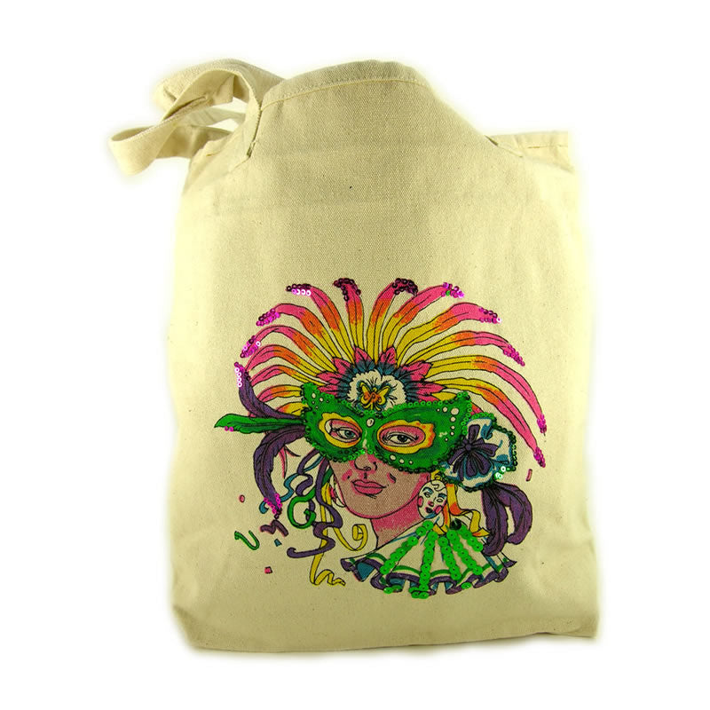 Mardi Gras Parade Route Tote Bags - Mardi Gras Print Canvas Bag decorated with sequins